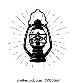 Vintage Hand Drawn Kerosene Lamp On Sunburst Background. Design Element For Logo, Label, Emblem, Sign, Poster. Vector Illustration