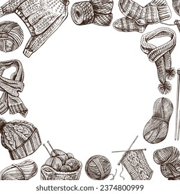 Vintage hand drawn knitting template. Handmade, knitting equipment concept in vintage doodle style. Template with an empty space in the center in the form of a circle.