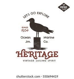 Vintage hand drawn label design. Seagull symbol. Letterpress effect. Typography insignia, t-shirt apparel. Retro old style artwork. Vector.