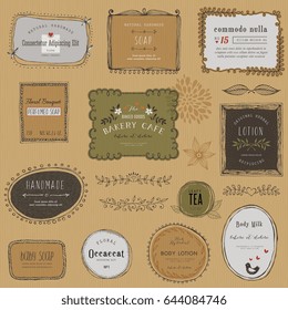 Vintage hand drawn labels, frames, flowers and floral dividers. Good for package design, promo signs and logo design.Vector illustration.