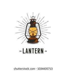 Vintage hand drawn lantern concept. Perfect for logo design, badge, camping labels. Retro colors. Symbol for outdoor activity emblems. Old style. Stock vector illustration isolated on white background