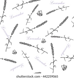 Vintage hand drawn lavender seamless pattern. Vector illustration. Lavender black background. Engraving illustration  in vintage style.