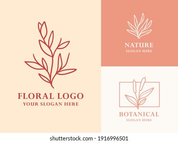 Vintage Hand Drawn Leaf Botanical Logo Illustration Design Set For Beauty, Natural, Organic Brand