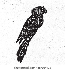 Vintage hand drawn lettering hipster composition with phrase My best friend inscribed into parrot silhouette. Print,  typographic, greeting, poster, t-shirt design about pet. Vector