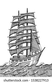 vintage hand drawn line art ship in sea engraved vector illustration