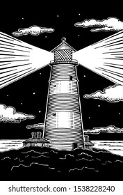 vintage hand drawn line art lighthouse engraved vector illustration