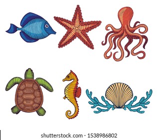 vintage hand drawn line art sea creatures engraved color vector illustration