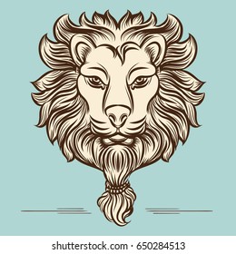 Vintage hand drawn lion print vector design on blue background