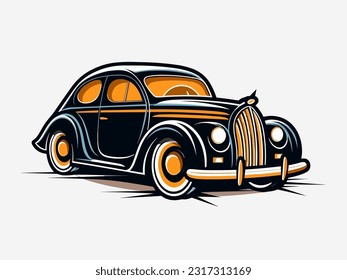 Vintage hand drawn logo design illustration of an old car, capturing the nostalgia and classic charm of automotive history