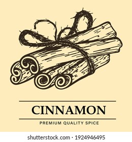 Vintage hand drawn logo for web site or shop, bunch of brown Cinnamon rolls or sticks,  premium quality spice vector illustration, food cartoon icon