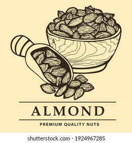 Vintage hand drawn logo for web site or shop, bowl of almonds with spatula, premium quality organic almond nuts vector illustration, food cartoon icon