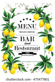 Vintage hand drawn menu for bars and restaurants with citrus lemons.Template for creative cover, pack design.