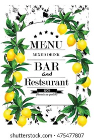 Vintage hand drawn menu for bars and restaurants with citrus lemons.Template for creative cover, pack design.