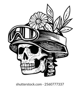 Vintage hand drawn of military skull wearing a helmet with flower and leaf accessories.