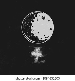 Vintage hand drawn Moon illustration with lunar path isolated on black background. Perfect for t-shirt, mug or any other prints. Stock vector emblem and patch.