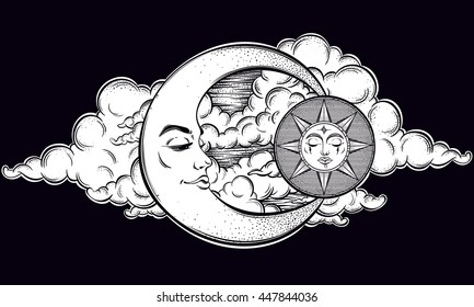 Vintage hand drawn moon, sun and night sky. Vector illustration for coloring book, t-shirts design, tattoo.Vector illustration.