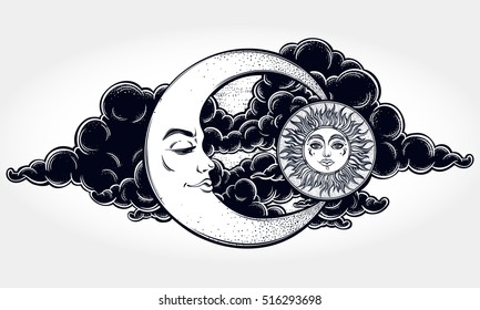 Vintage Hand Drawn Moon, Sun And Night Sky. Vector Illustration For Coloring Book, T-shirts Design, Tattoo.Vector Illustration.