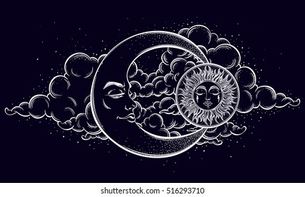 Vintage hand drawn moon, sun and night sky. Vector illustration for coloring book, t-shirts design, tattoo.Vector illustration.