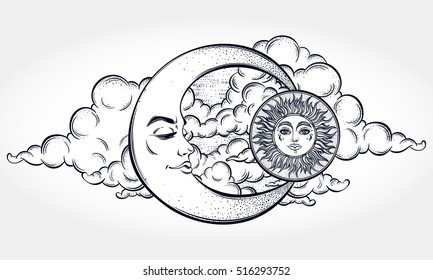 Vintage hand drawn moon, sun and night sky. Vector illustration for coloring book, t-shirts design, tattoo, art.Vector illustration.