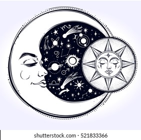 Vintage hand drawn moon, sun and night sky. Vector illustration for coloring book, t-shirts design, tattoo, art.Vector illustration.