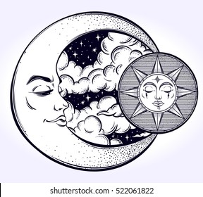 Vintage hand drawn moon, sun and night sky. Vector illustration for coloring book, t-shirts design, tattoo, art.Vector illustration.