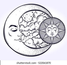 Vintage hand drawn moon, sun and  sky. Vector illustration for coloring book, t-shirts design, tattoo, art.Vector illustration.