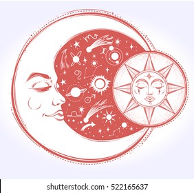 Vintage hand drawn moon, sun and night sky. Vector illustration for coloring book, t-shirts design, tattoo, art.Vector illustration.