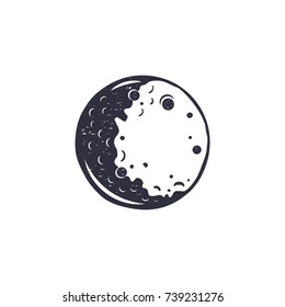 Vintage hand drawn moon symbol. Silhouette monochrome moon icon. Stock vector illustration isolated on white background. Retro design.