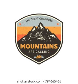 Vintage hand drawn mountain emblem. The great outdoor patch. Mountains are calling sign quote. Retro colors and grunge letterpress effect. Stock vector badge illustration isolated on white background