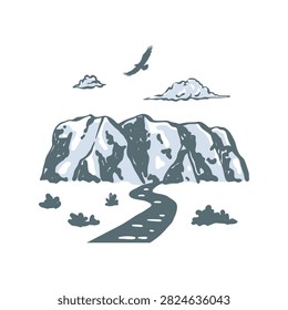 Vintage hand drawn mountain peak illustration with winding trail, flying bird, clouds, and desert shrubs. Suitable for wilderness exploration posters, outdoor apparel, and travel graphics.