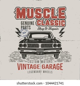 Vintage hand drawn muscle car t shirt design. Classic car poster with typography. Retro style poster with grunge background. Old car logo, emblem template. Stock vector illustration.