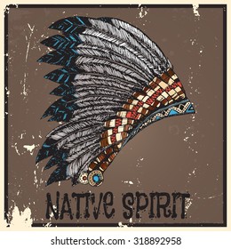 Vintage Hand Drawn Native American Indian Headdress.