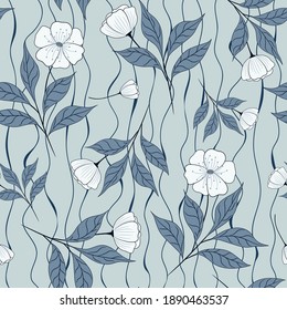 Vintage hand drawn natural pastel blue seamless pattern with white flowers and leaves on a wavy background