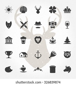 Vintage hand drawn objects and icons vector design elements set. Signs and symbols for design retro logotypes, business emblems, labels or badges and other design.