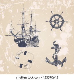 Vintage hand drawn ocean set with helm, ship, lifebuoy, anchor in grunge style. Vector frame. sea label and silhouettes