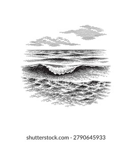 Vintage hand drawn ocean waves vector, antique woodcut style sea landscape with clouds, black and white nautical engraving illustration.