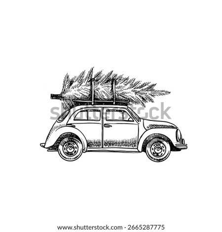 Vintage hand drawn old car with Christmas treel. Traditional sketch ornament. Holiday isolated vector illustration.