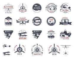 Vintage Hand Drawn Old Fly Stamps. Travel Or Business Airplane Tour Emblems. Biplane Academy Labels. Retro Aerial Badges Isolated. Pilot School Logo. Plane Tee Design, Prints, Web Design. Stock Vector