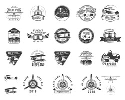 Vintage Hand Drawn Old Fly Stamps. Travel Or Business Airplane Tour Emblems. Biplane Academy Labels. Retro Aerial Badges Isolated. Pilot School Logo. Plane Tee Design, Prints, Web. Stock Vector