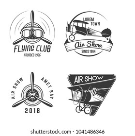 Vintage hand drawn old fly stamps. Travel or business airplane tour emblems. Biplane academy labels. Retro aerial badge isolated. Pilot school logos. Plane tee design, prints. Stock vector.