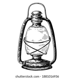 Vintage hand drawn old oil lantern isolated on white background, pen and ink line etching. Vector illustration.