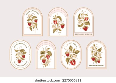 Vintage hand drawn organic strawberry plant and floral sticker label collection with quotes for food products, nature objects, reminders, aesthetic decoration, retro vector illustration elements