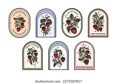 Vintage hand drawn organic strawberry plant and floral sticker label collection with quotes for food products, nature objects, reminders, aesthetic decoration, retro vector illustration elements