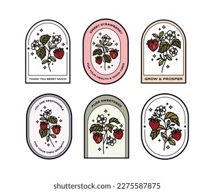 Vintage hand drawn organic strawberry plant and floral sticker label collection with quotes for food products, nature objects, reminders, aesthetic decoration, retro vector illustration elements