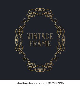 Vintage hand drawn oval royal frame with golden swirls and scrolls. Vignette ornate classic gold wedding border. Vector isolated calligraphic invitation card.