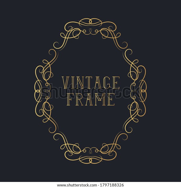 Vintage hand drawn oval\
royal frame with golden swirls and scrolls. Vignette ornate classic\
gold wedding border. Vector isolated calligraphic invitation\
card.
