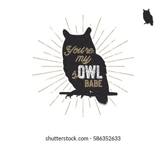 Vintage hand drawn owl label. Tribal animal badge with textured owl, sunbursts and typography. Good for retro style t shirt, owl tee designs, print, mugs and so on. Vector owl illustration.