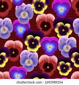 Vintage hand drawn pansy flowers vector illustration seamless red background, textile, print. Wallpapers, blooming flowers, packaging patterns,