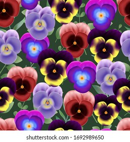 Vintage hand drawn pansy flowers vector illustration seamless green background, textile, print. Wallpapers, blooming flowers, packaging patterns,