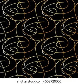 vintage hand drawn  pattern with gold  doodle curly calligraphic lines and figures.. Seamless pattern. Pencil sketch. Vector abstract texture and background.